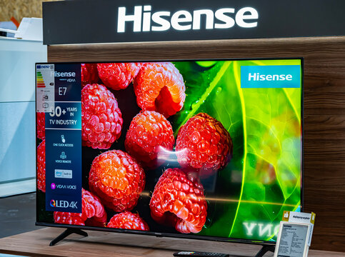 Flat-screen TV set by Hisense in an electronics store