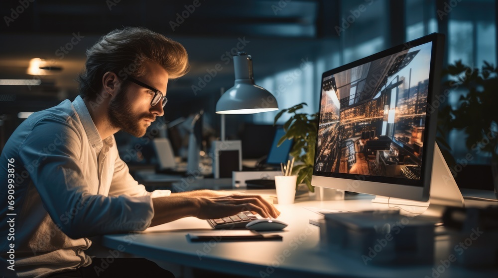 Poster graphic designer working in a white modern office flooded with light.