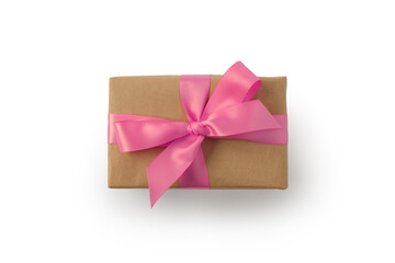 Top view of brown rectangular present box with pink ribbon isolated on white background