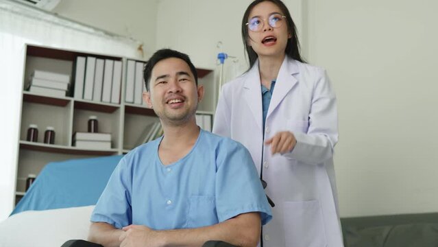 Doctor  listening lungs and test patient hand with chest pain and had a risk for heart attack in hospital.