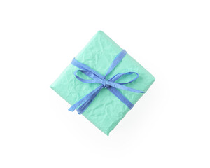 Top view of crumpled paper blue color present box with recycled paper ribbon isolated on white