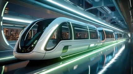 Fototapeta premium Modern underground metro station with high tech futuristic chrome trains.