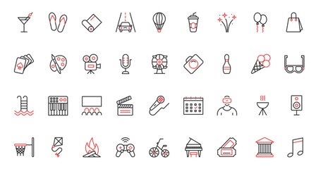 Green energy ecology trendy red black thin line icons set vector illustration. Environment protection, eco startup technology, recycle plant, research with microscope, global warming and urbanization