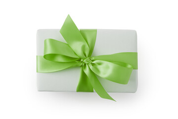 Top view of white paper present box with green ribbon isolated on white background