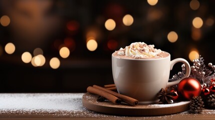 Obraz na płótnie Canvas Mug of hot chocolate on the wooden table.