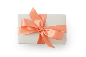Top view of white paper present box with orange ribbon isolated on white background