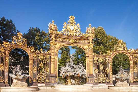 NANCY, FRANCE - SEPTEMBER 25, 2023: Fountain of Neptun in the Place Stanislas square.