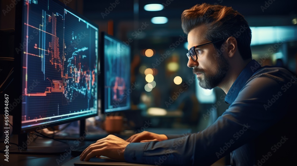 Leinwandbilder IT specialist intensely working on their computer with lines of code on the screen, Have a concentrated expression, showing their dedication and passion for AI development in a office.