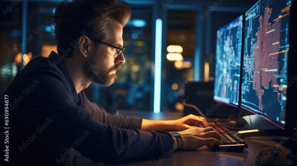 Aufkleber IT specialist intensely working on their computer with lines of code on the screen, Have a concentrated expression, showing their dedication and passion for AI development in a office.