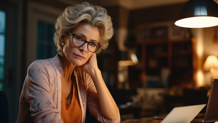 Mature woman analyzing finances at home, Unpleasantly surprised.