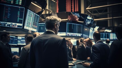 A crowded stock trading floor with traders in business attire. - obrazy, fototapety, plakaty