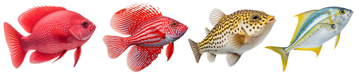 Multicolored aquarium fishes on a transparent background, side view. The Pompano, Pufferfish, Red Sponge, Red Stargazer saltwater aquarium fish, isolated on a white background