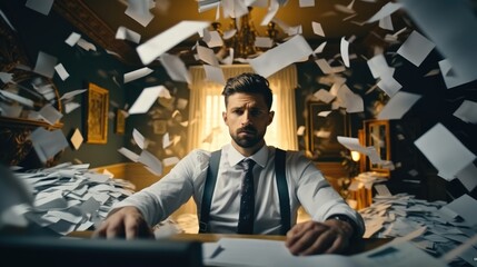 Businessman in a work office overwhelmed with scattered paper everywhere. - Powered by Adobe