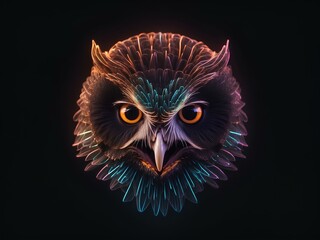 transparent glowing owl face, glowing lines, black background, for design, isolated