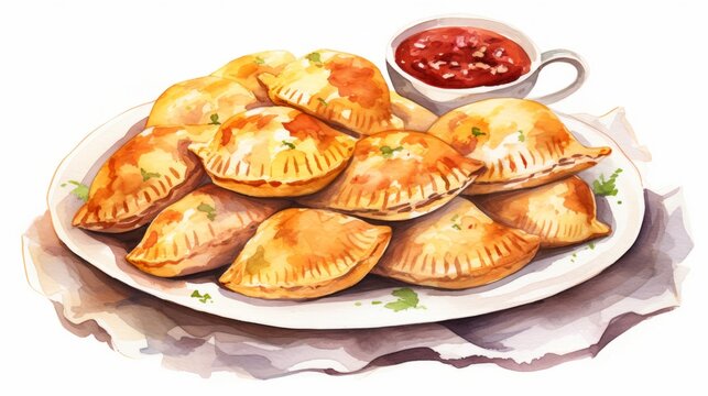 Delicious Bolivian Salteñas: A Watercolor Illustration of Juicy Meat-filled Pastries AI Generated