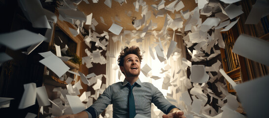 A pile of papers falls on a man. - obrazy, fototapety, plakaty