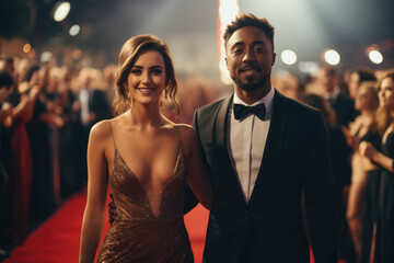 Mixed race Gen z couple woman with walking through photographers on a red carpet at a gala film awards. - obrazy, fototapety, plakaty
