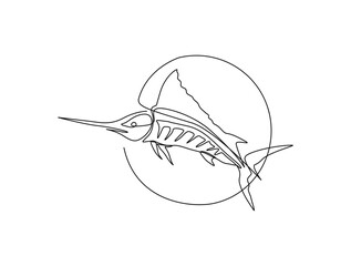 Continuous one line drawing of marlin fish. Simple illustration of marlin fish jumping line art vector illustration.