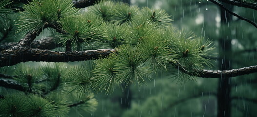 Japanese garden pine trees in spring rain.  