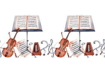 Endless banner with Violin, Music Stand, Sheet Music, Baton, Metronome, Treble and Bass Clef and Music Notes. Classical music composition. Watercolor illustration isolated on transparent background. © Svetlana