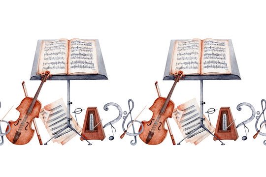 Endless banner with Violin, Music Stand, Sheet Music, Baton, Metronome, Treble and Bass Clef and Music Notes. Classical music composition. Watercolor illustration isolated on transparent background.