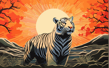 Fototapeta na wymiar Art life of tiger in nature, block print style ai generate