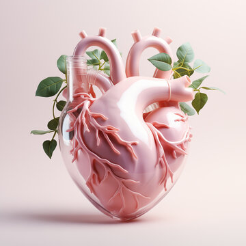 Isolated human Anatomically correct heart with venous system. Pink anatomically realistic heart.