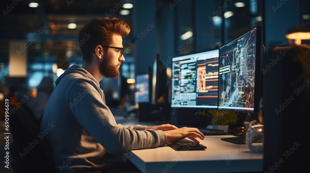Aufkleber Software engineer seated in a modern office space. Focused expression as they work on lines of code.
