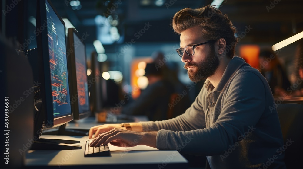 Poster Software engineer seated in a modern office space. Focused expression as they work on lines of code.