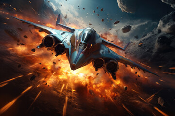 Futuristic sci-fi aircraft, Colorful explosions, Sparks flying, Flying at high speed.