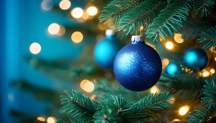 Christmas Tree With Ornaments In Blue And Bokeh Lights - Real Fir Branches With Glittering In Abstract Defocused Background