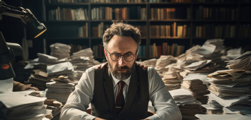A teacher sitting at his text, Surrounded by papers waiting to be graded, Teacher looks overworked.