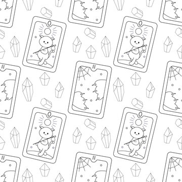 Seamless pattern, line art, tarot cards, ocultism magic