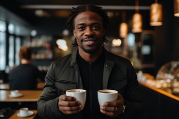 A black man with cups of coffee in front of him in coffee shop.