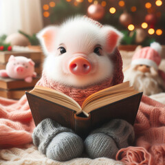 A cute pig reading a book on a cozy blanket. ai generative