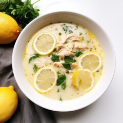 Delicious Greek Avgolemono Soup with Lemon Chicken on White Background AI Generated