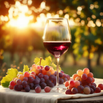 Glass of red wine with grapes on table in vineyard during warm summer evening. ai generative