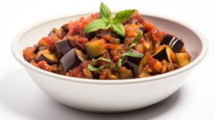 Delicious Italian Caponata Eggplant Stew on White Background AI Generated