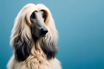 Afghan Hound dog on solid blue background. ai generative