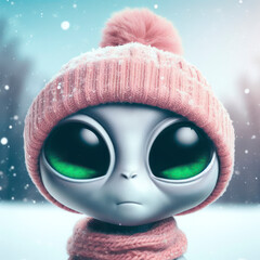 Alien with big green eyes wear hat on solid snowy nature background. ai generative