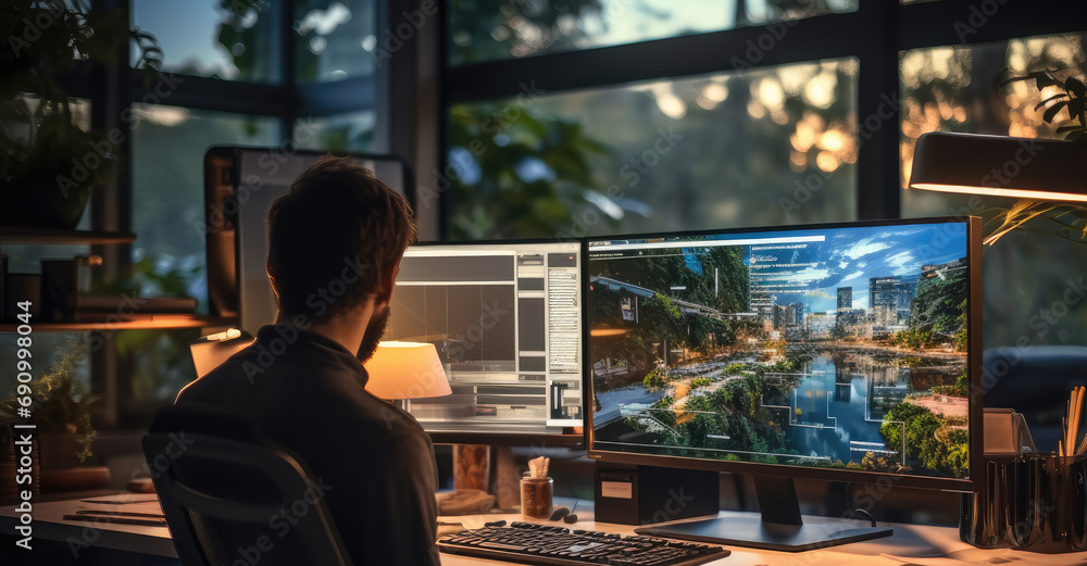 Poster programer working at his desk in office.