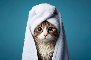 Cat with a towel rolled on his head after a shower on a blue background. ai generative - obrazy, fototapety, plakaty
