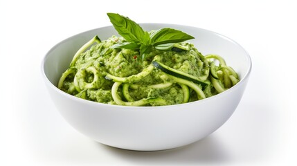 Delicious Italian Zucchini Noodles with Pesto on White Background AI Generated