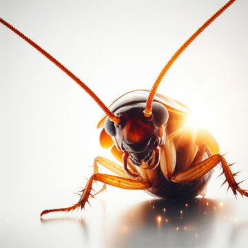 Close up photo Cockroach roach pest peeking over white bright background. ai generative