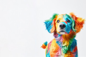 cute dog painted with multicolored paints on solid bright white background. ai generative - obrazy, fototapety, plakaty