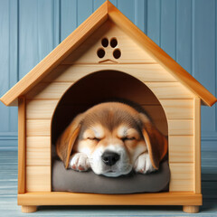 cute dog sleep inside dog house on blue background. ai generative