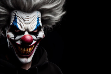 Evil Clown Face A Portrait Of A Scary Spooky Clown on black background. ai generative - obrazy, fototapety, plakaty