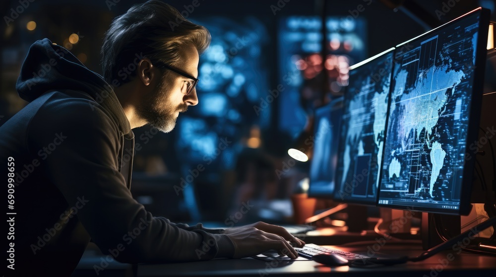Aufkleber Engineer Working on Computer in a Technological Office, Young Specialist Writing Software Code for an Innovative Big Data Blockchain Project.