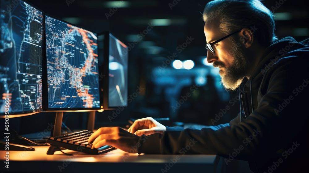 Poster Engineer Working on Computer in a Technological Office, Young Specialist Writing Software Code for an Innovative Big Data Blockchain Project.