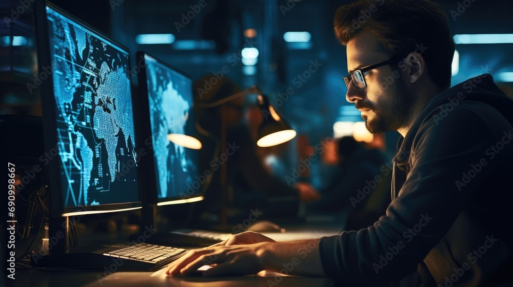 Poster Engineer Working on Computer in a Technological Office, Young Specialist Writing Software Code for an Innovative Big Data Blockchain Project.